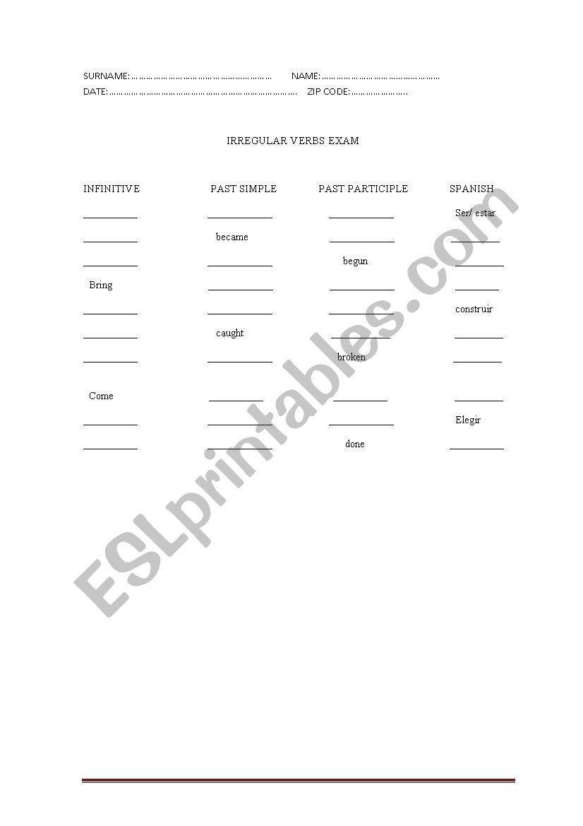 Irregular verbs exam worksheet