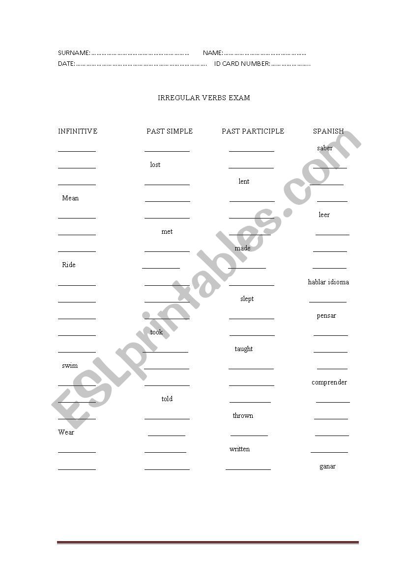 Irregular verbs exam 2 worksheet