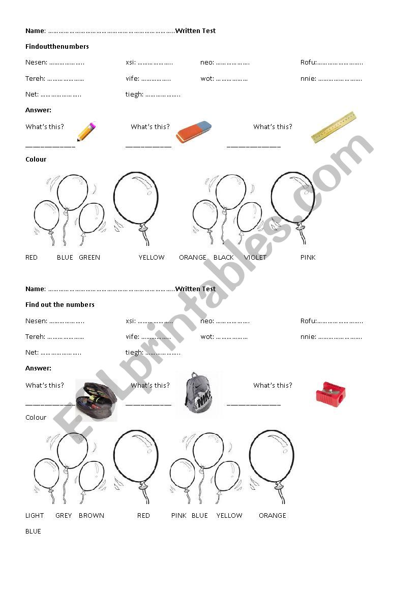 Test on numbers, colours and school things