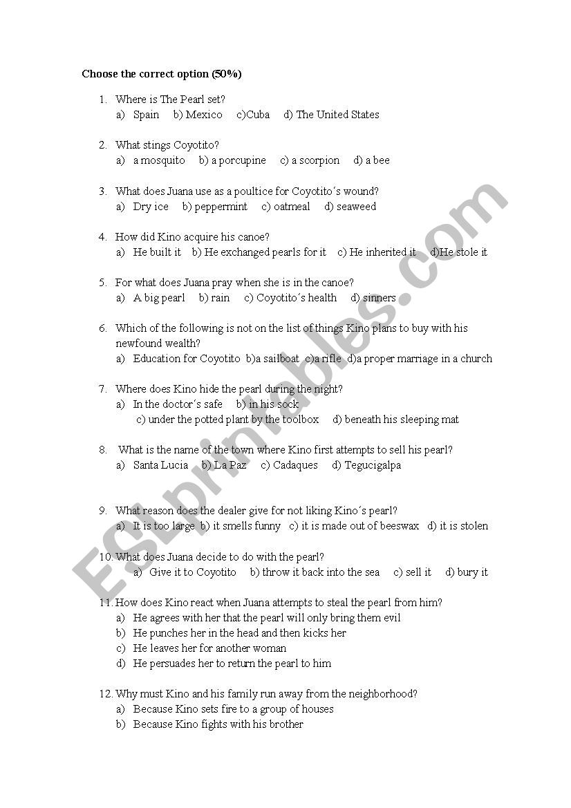 The Pearl -  John Steinbeck  worksheet