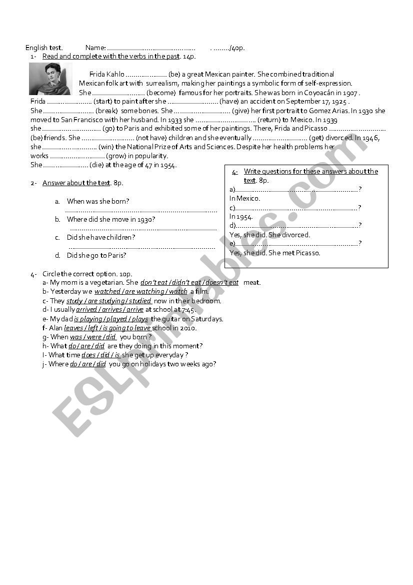 simple past exam. worksheet