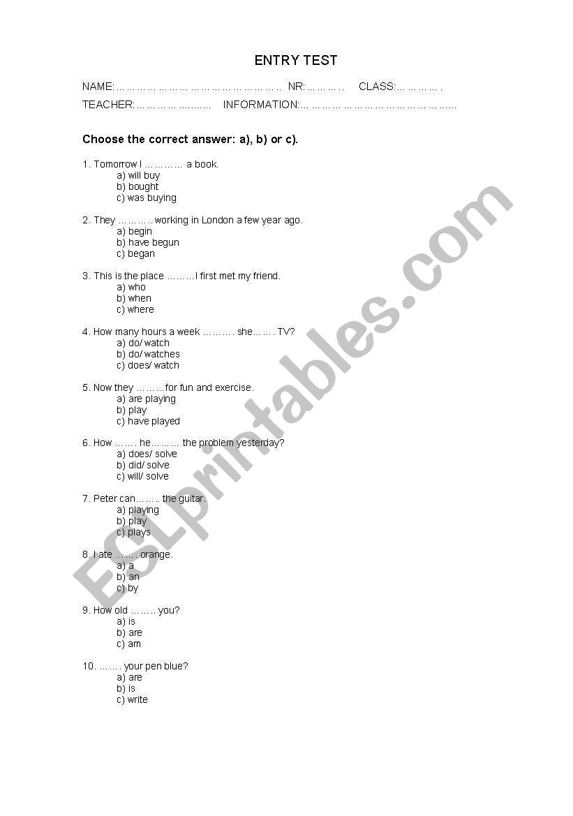 Entry test worksheet