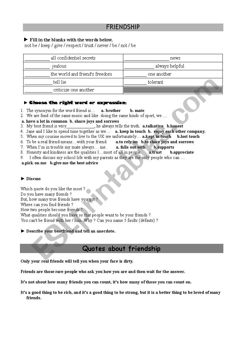 Friendship worksheet