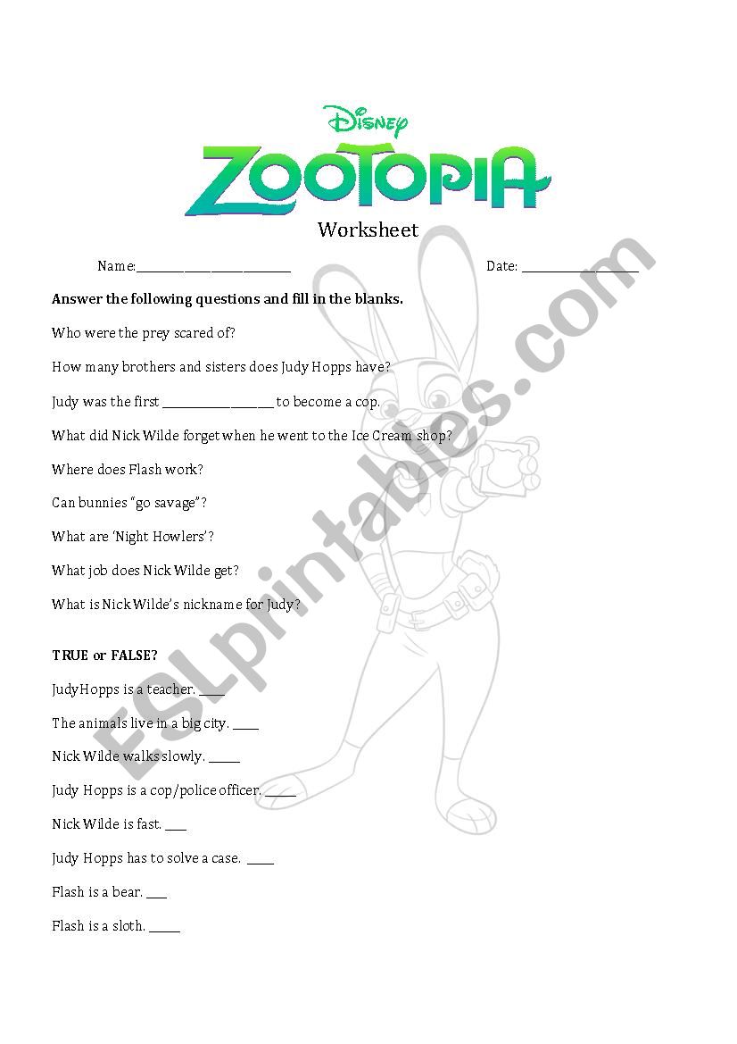 Zootopia Worksheet worksheet