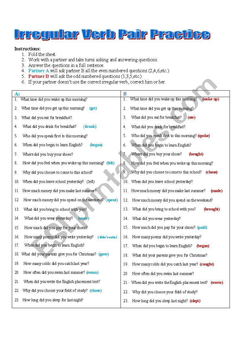 Info gap irregular verb quiz worksheet
