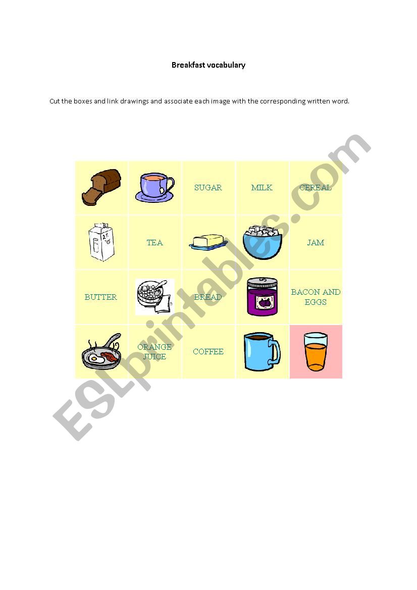 breakfast vocabulary game worksheet