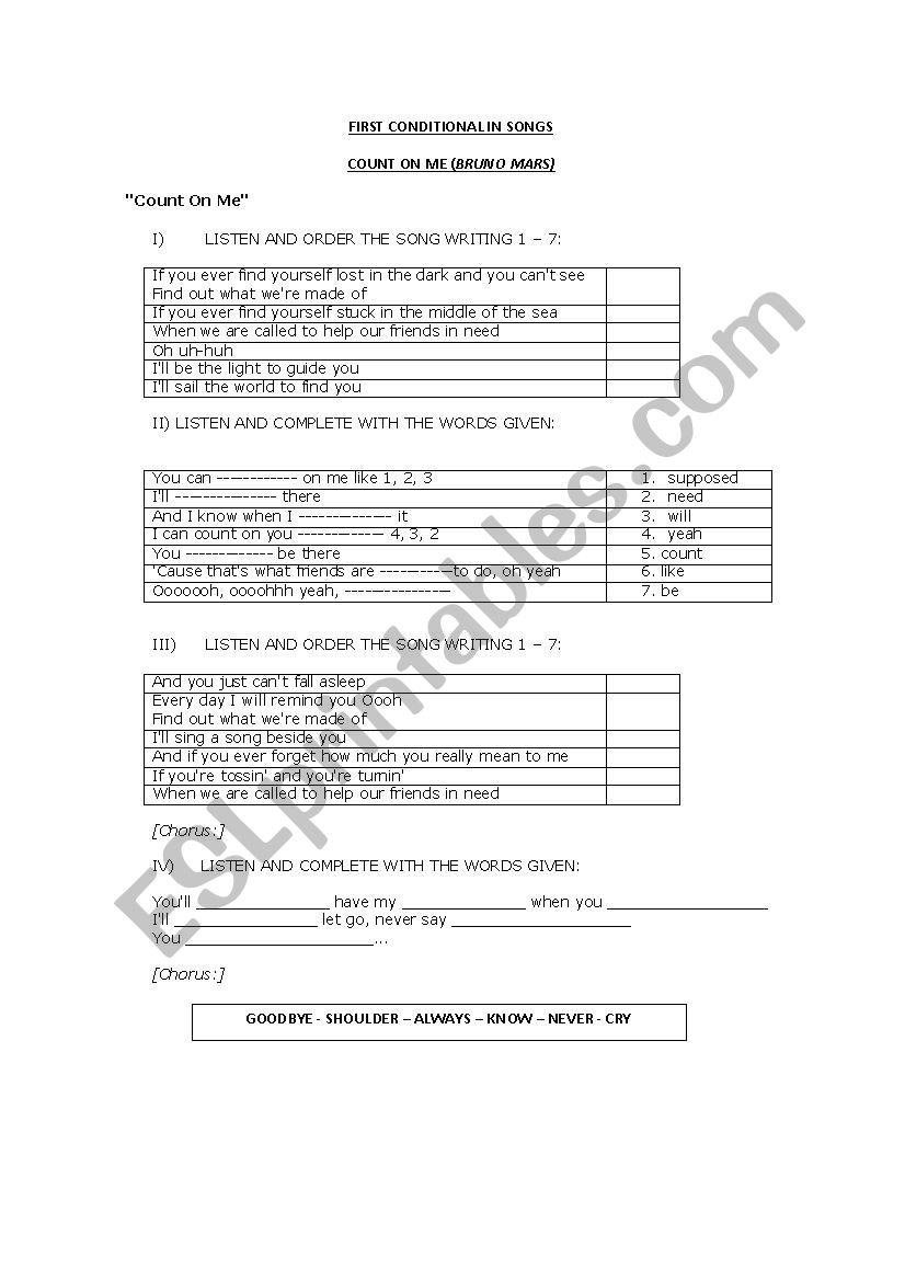 First Conditional in Songs worksheet