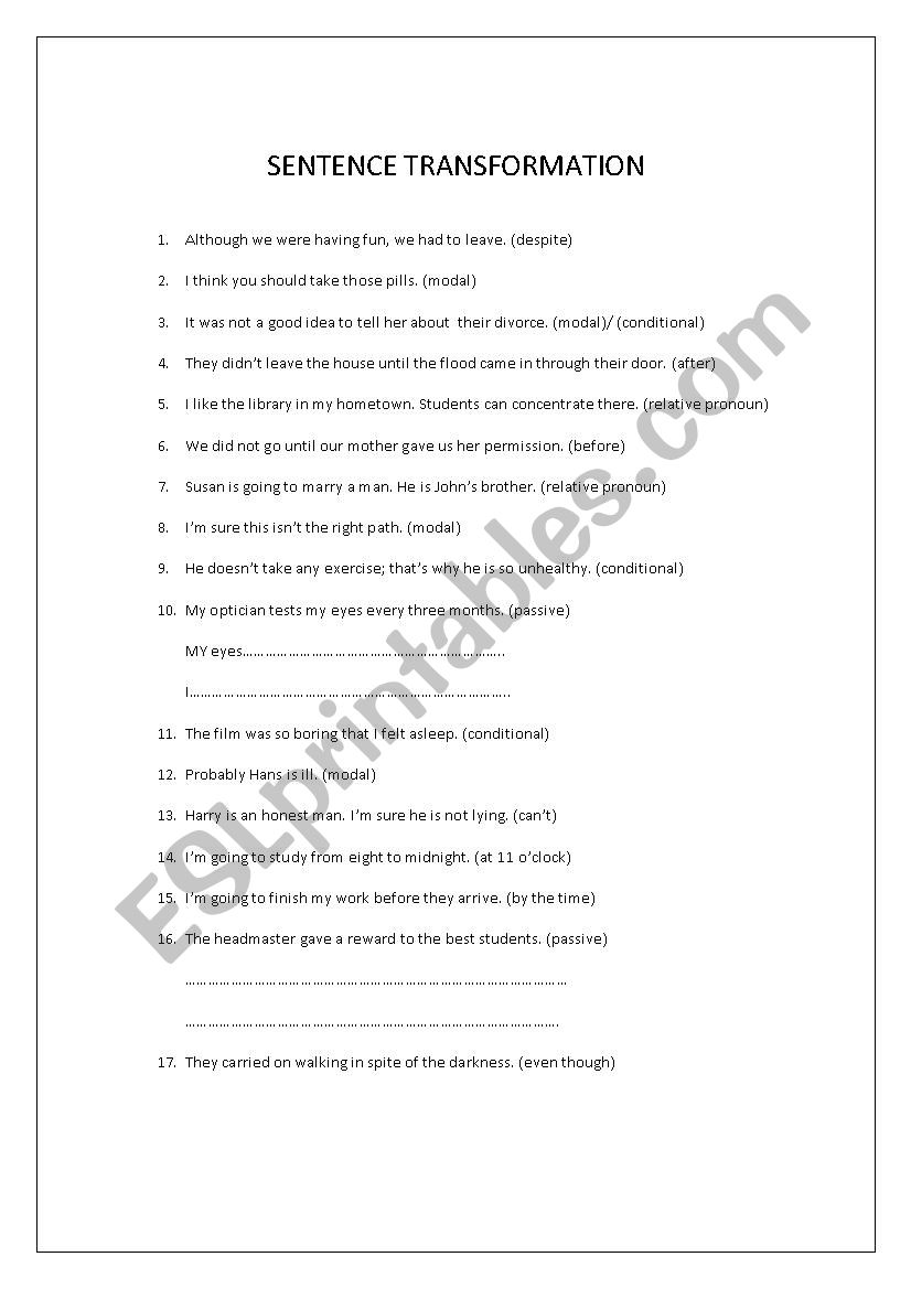 sentence transformation worksheet