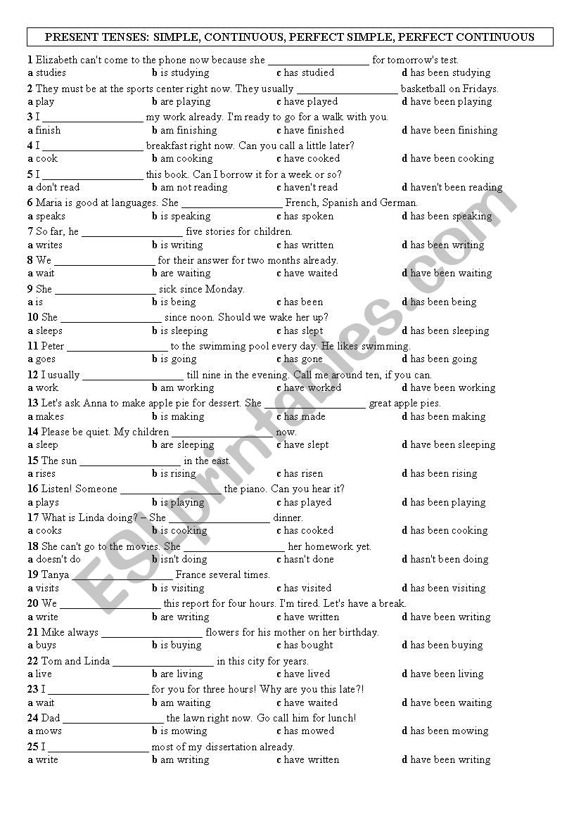 Present tenses review test worksheet