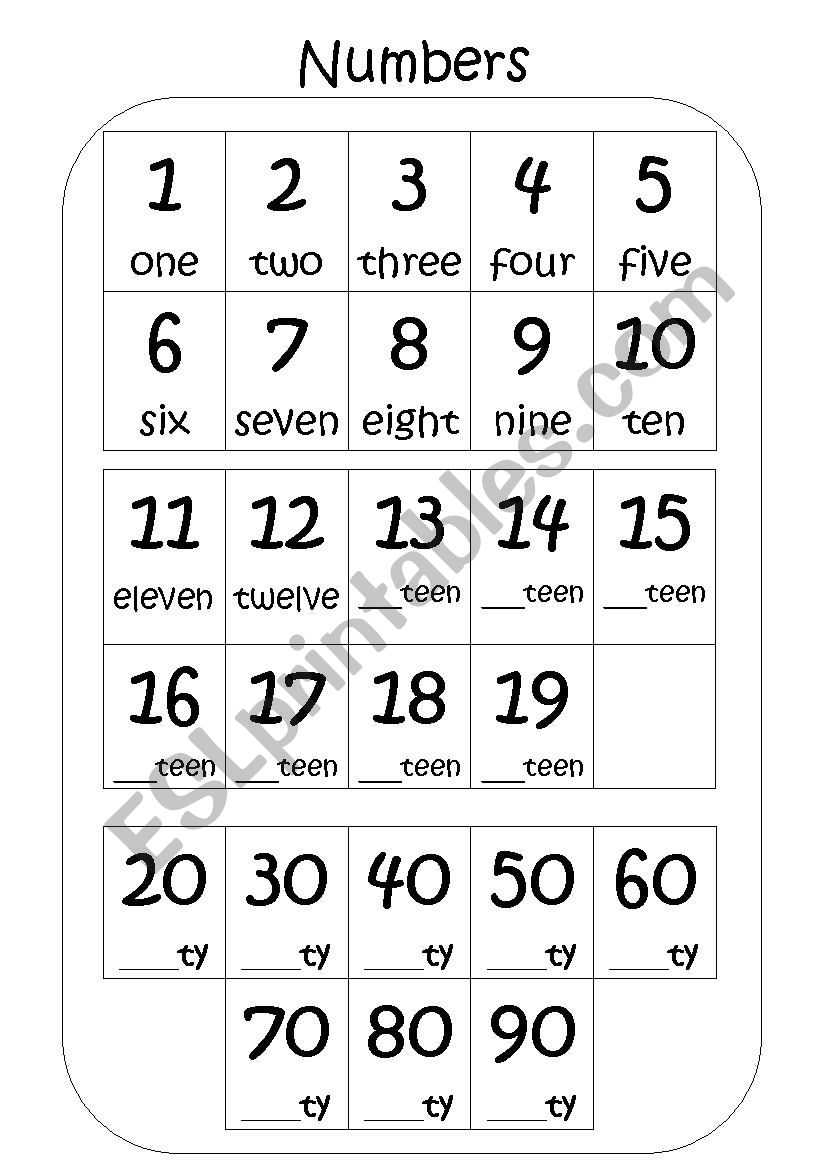 Numbers from 1 to 90 worksheet