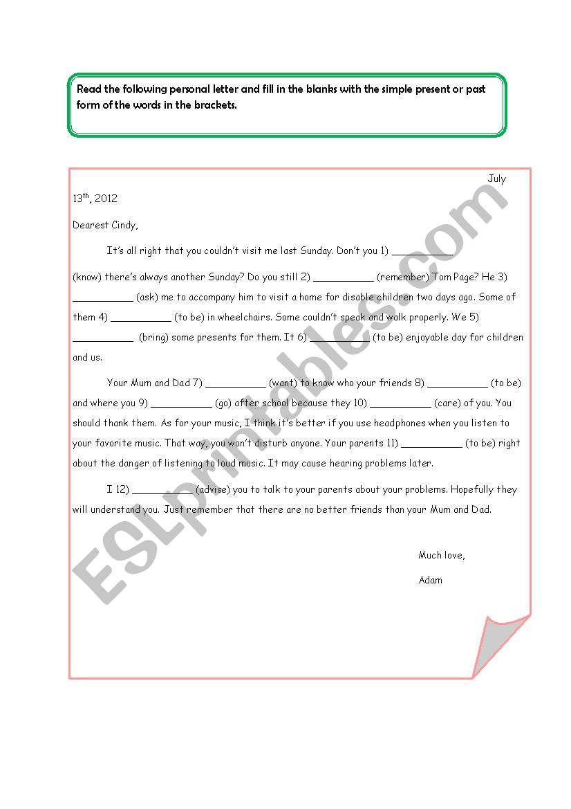 personal letter worksheet