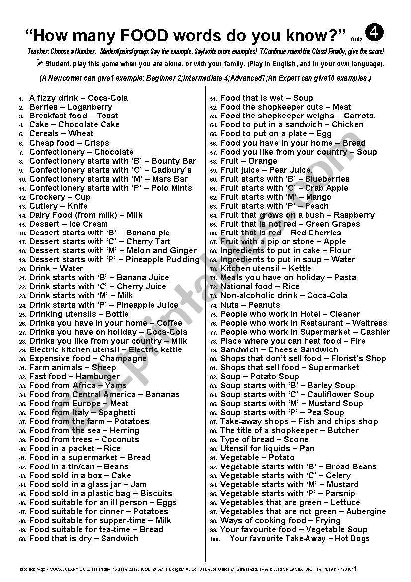 QUIZ GAME 004 Food worksheet