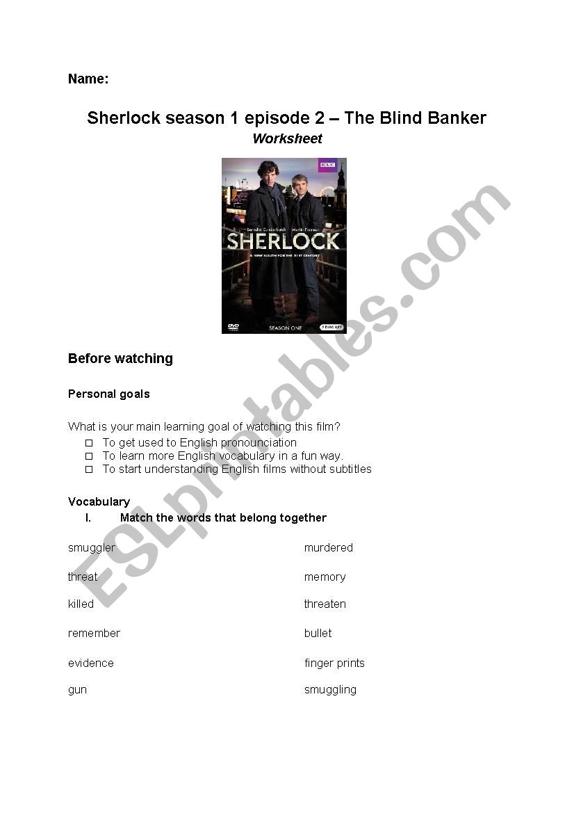 Sherlock The Blind Banker worksheet