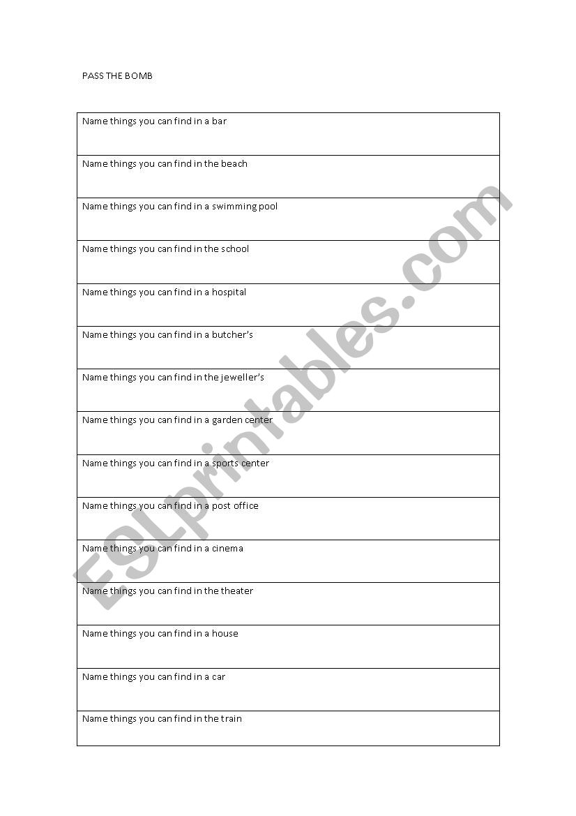 Pass the bomb worksheet