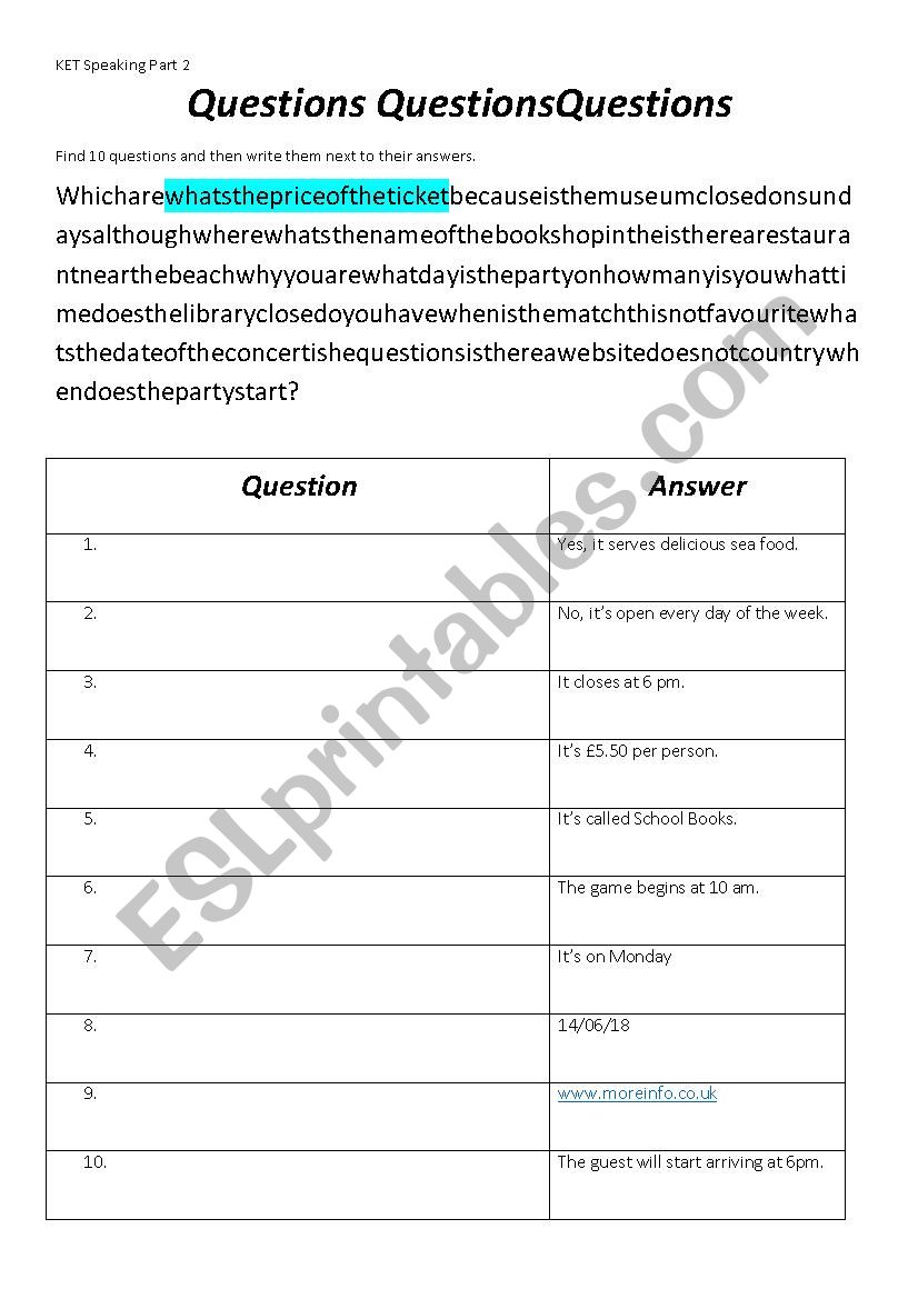 KET Speaking Part 2 worksheet