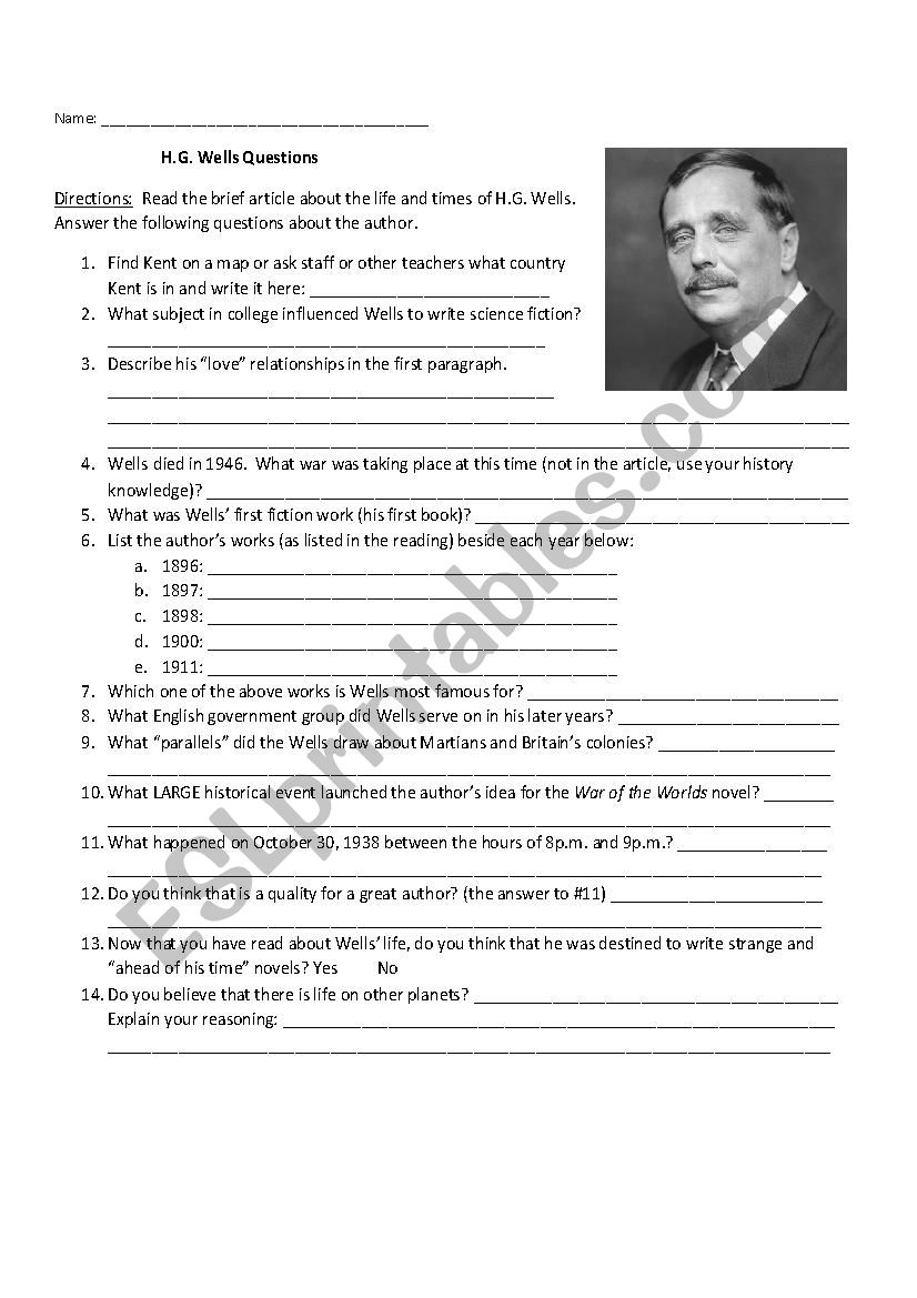 H.G. Wells Bio Question Sheet worksheet
