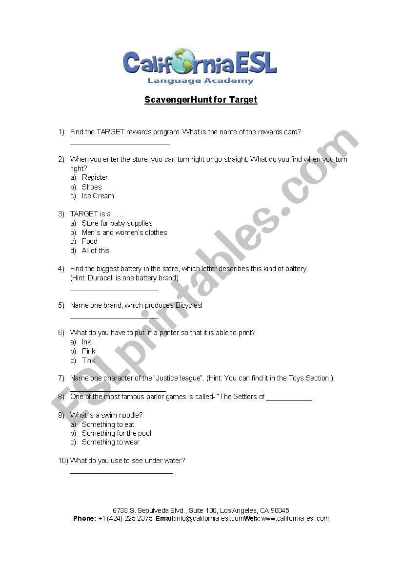 TARGET Scavenger Hunt worksheet