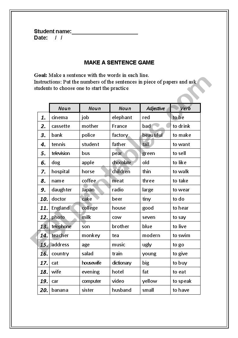 MAKE A SENTENCE GAME worksheet