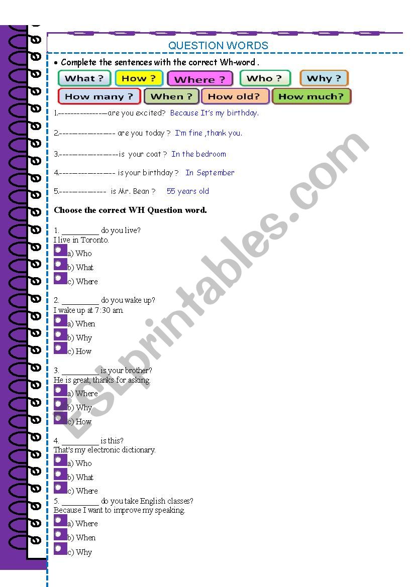 Question words worksheet