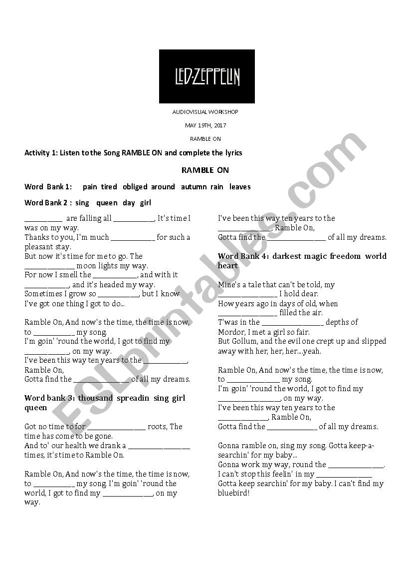 Ramble On Led Zeppelin worksheet