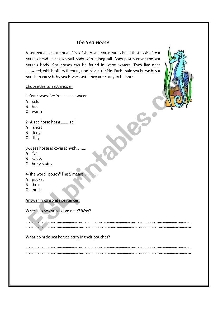 Reading worksheet titled (The Sea Horse) 