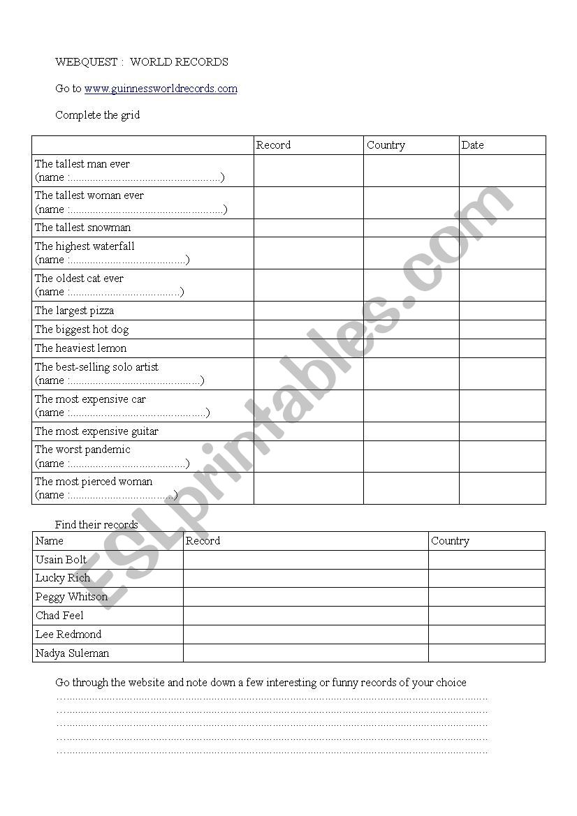 Webquest: records worksheet