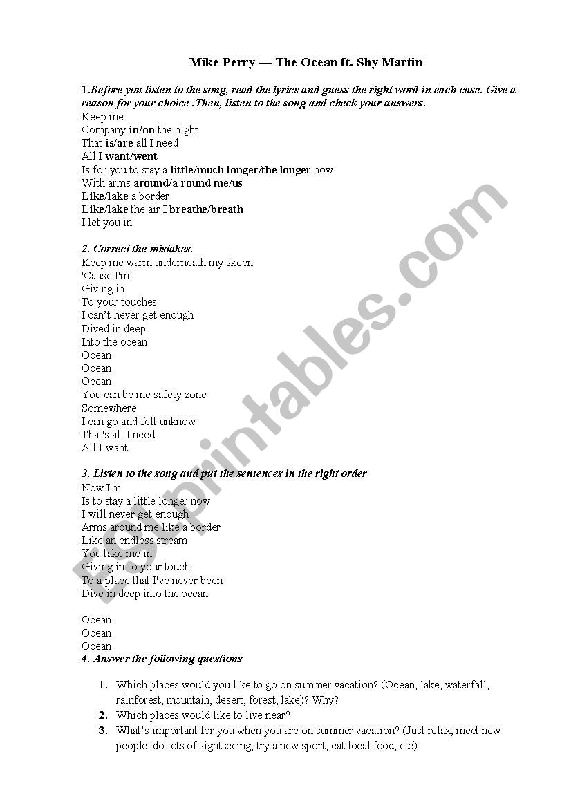 Mike Perry  The Ocean ft. Shy Martin song worksheet
