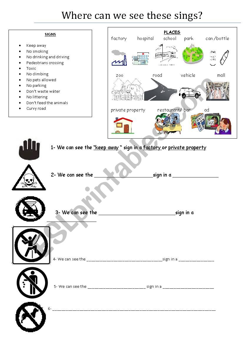 Information and warning signs worksheet