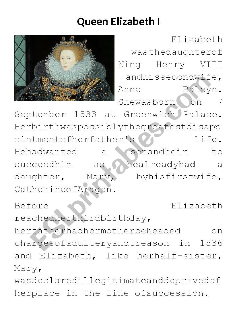 Queen Elizabeth I worksheet