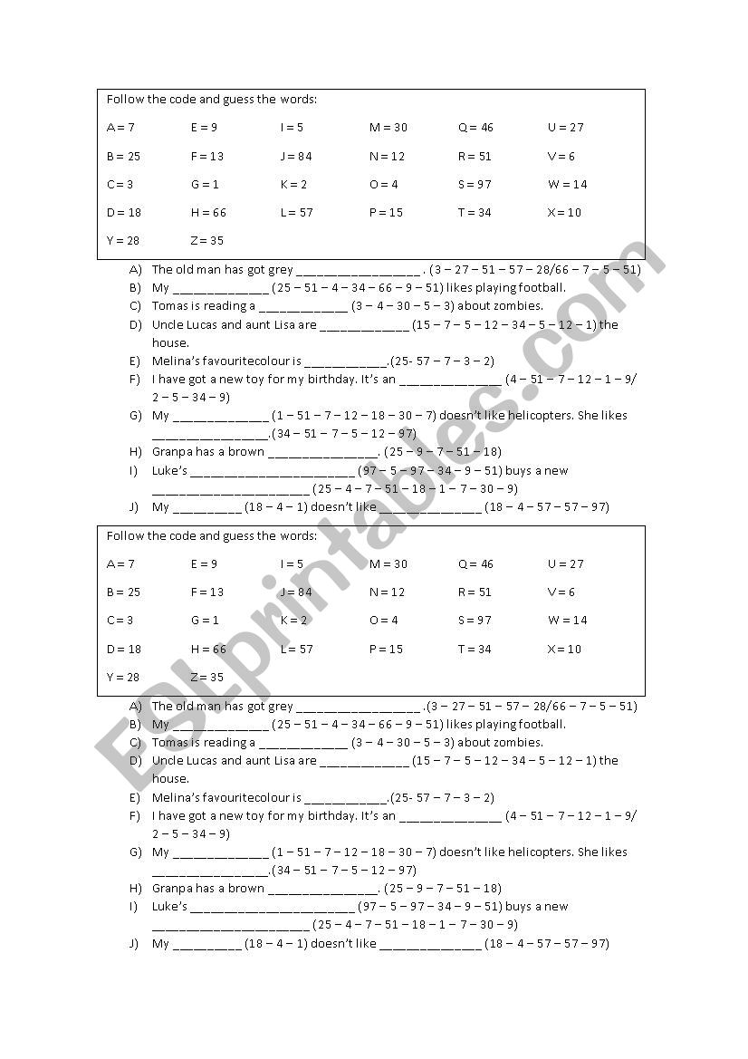 Guess the code! worksheet