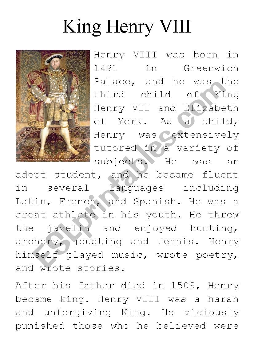 King Henry VIII worksheet