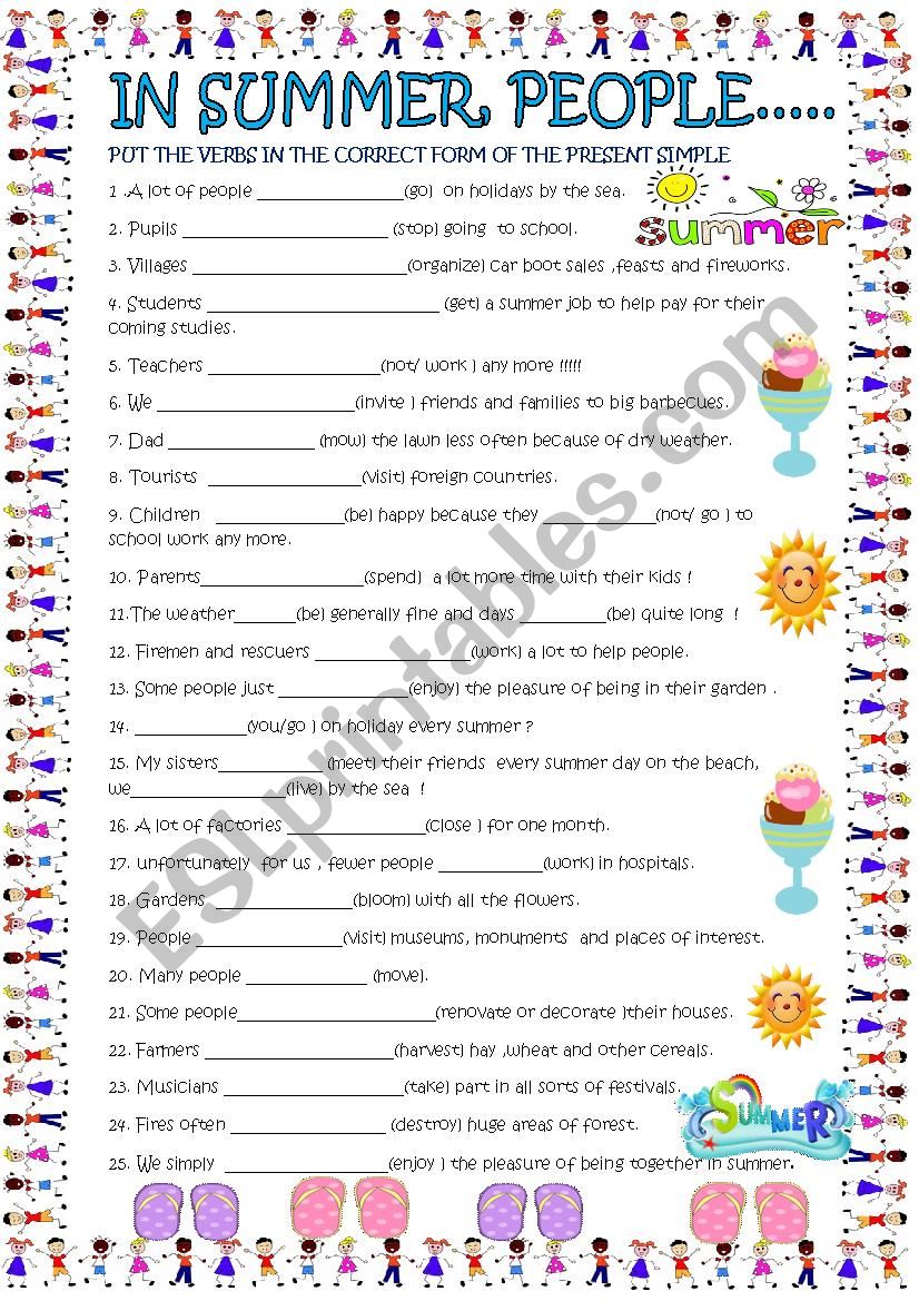 Summer with present simple worksheet
