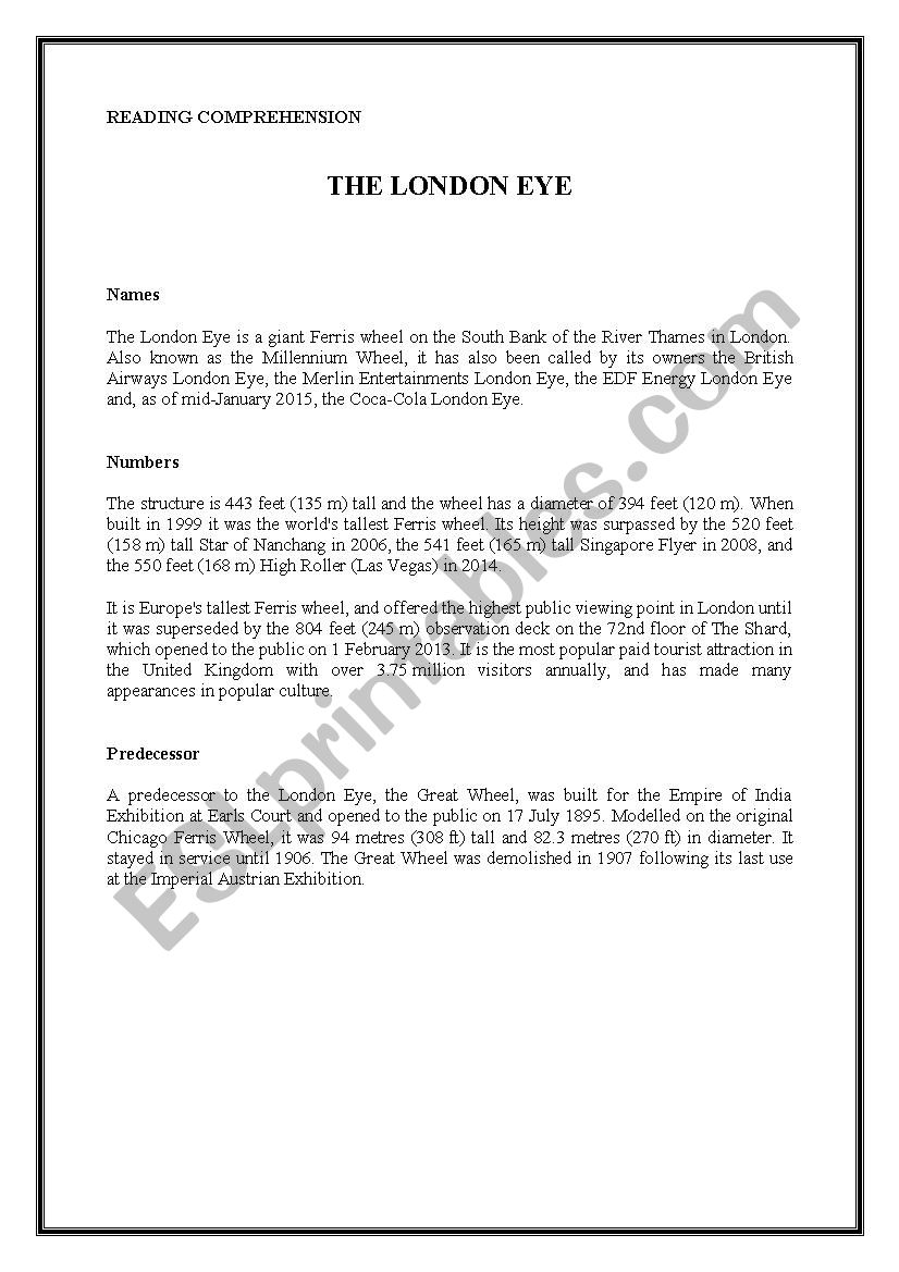 The London Eye Reading worksheet