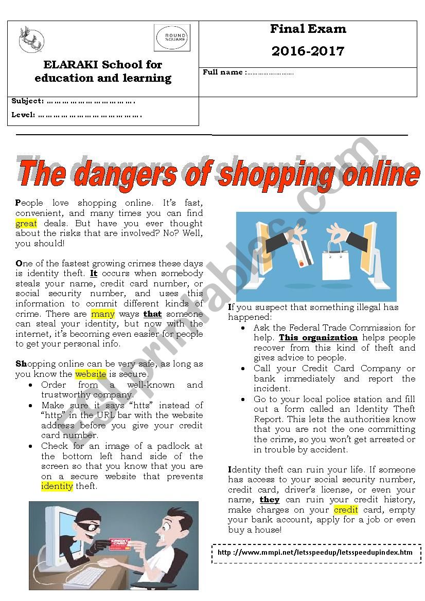 he dangers of shopping online worksheet