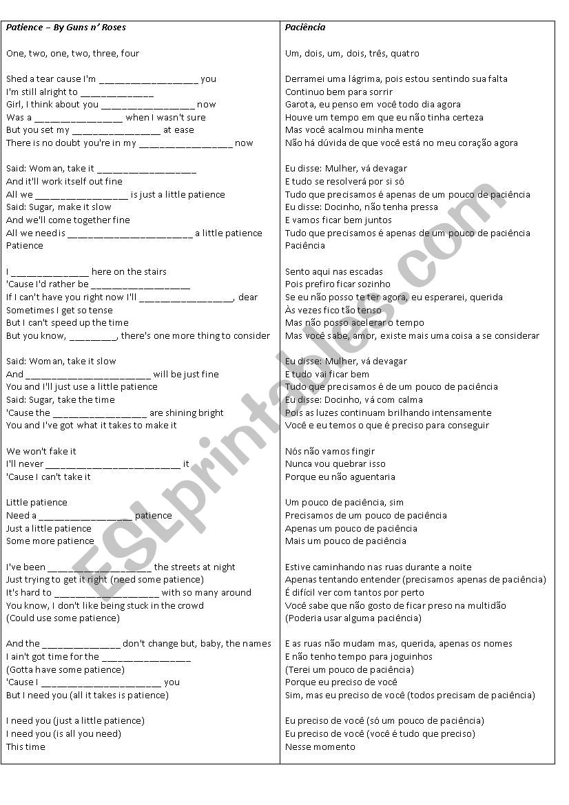 Patience - Guns N´ Roses - ESL worksheet by Flavia Terhaag