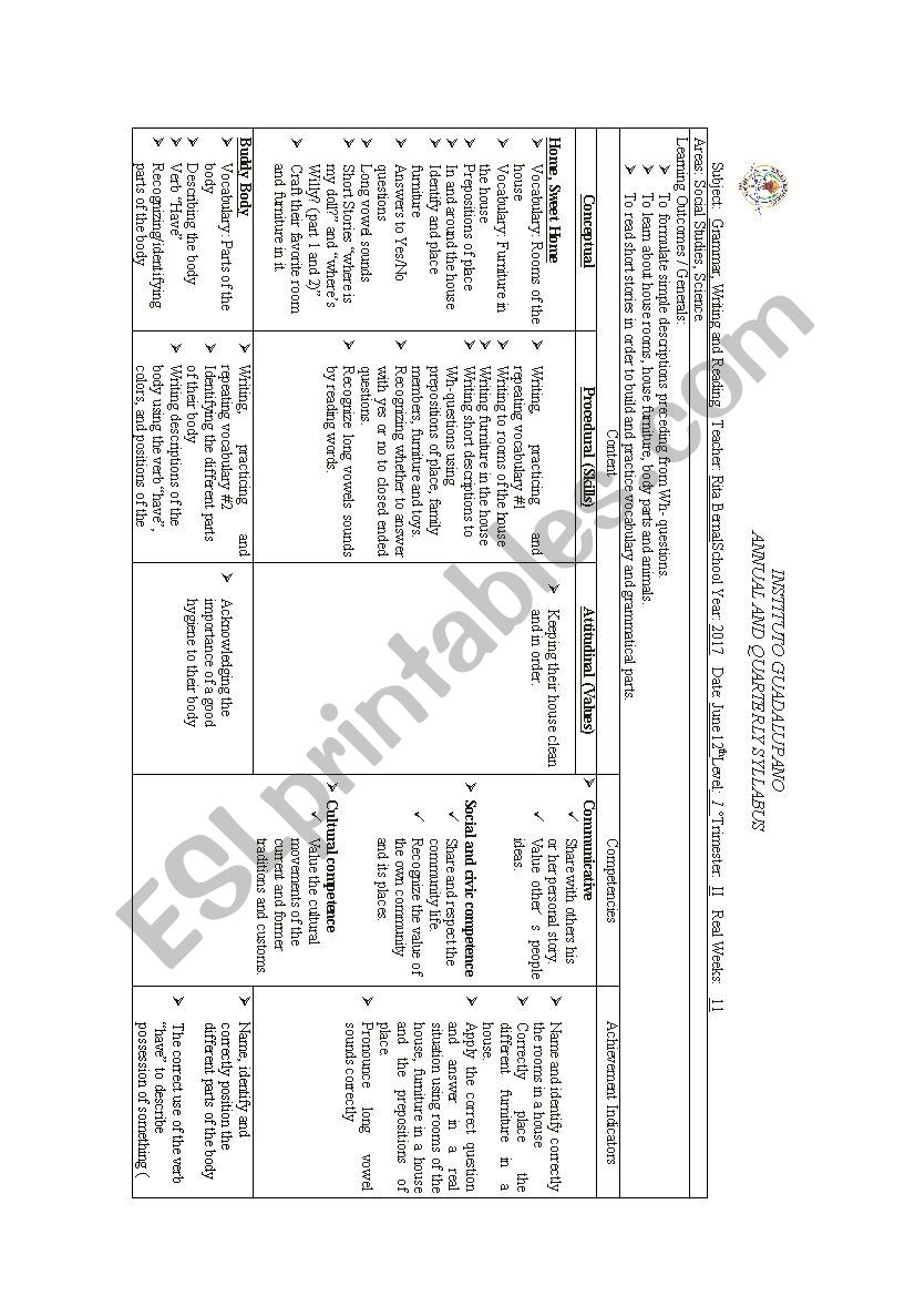 Planning of reading, writing and grammar for 1 grade 