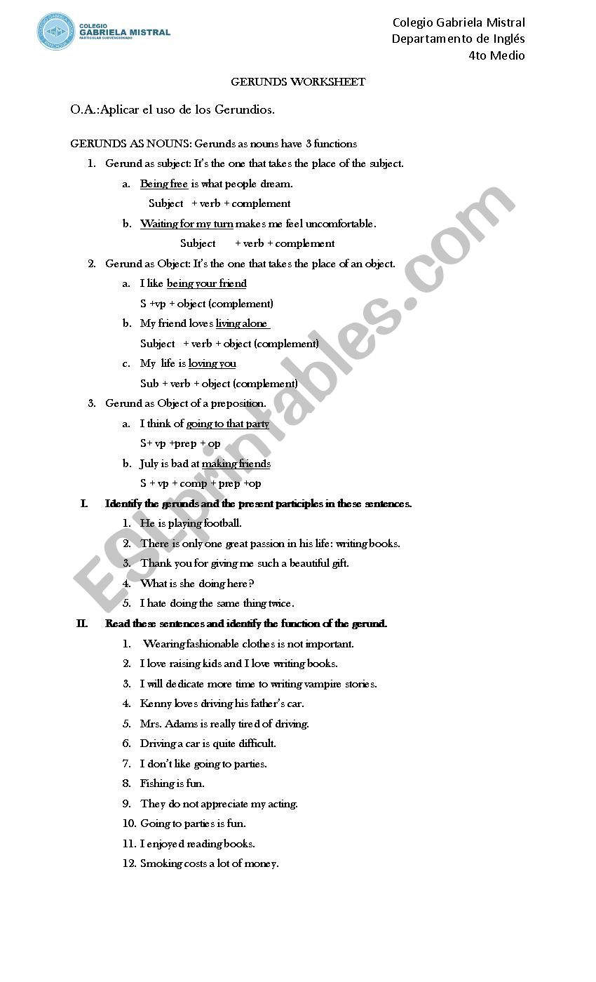 Gerund Worksheet worksheet