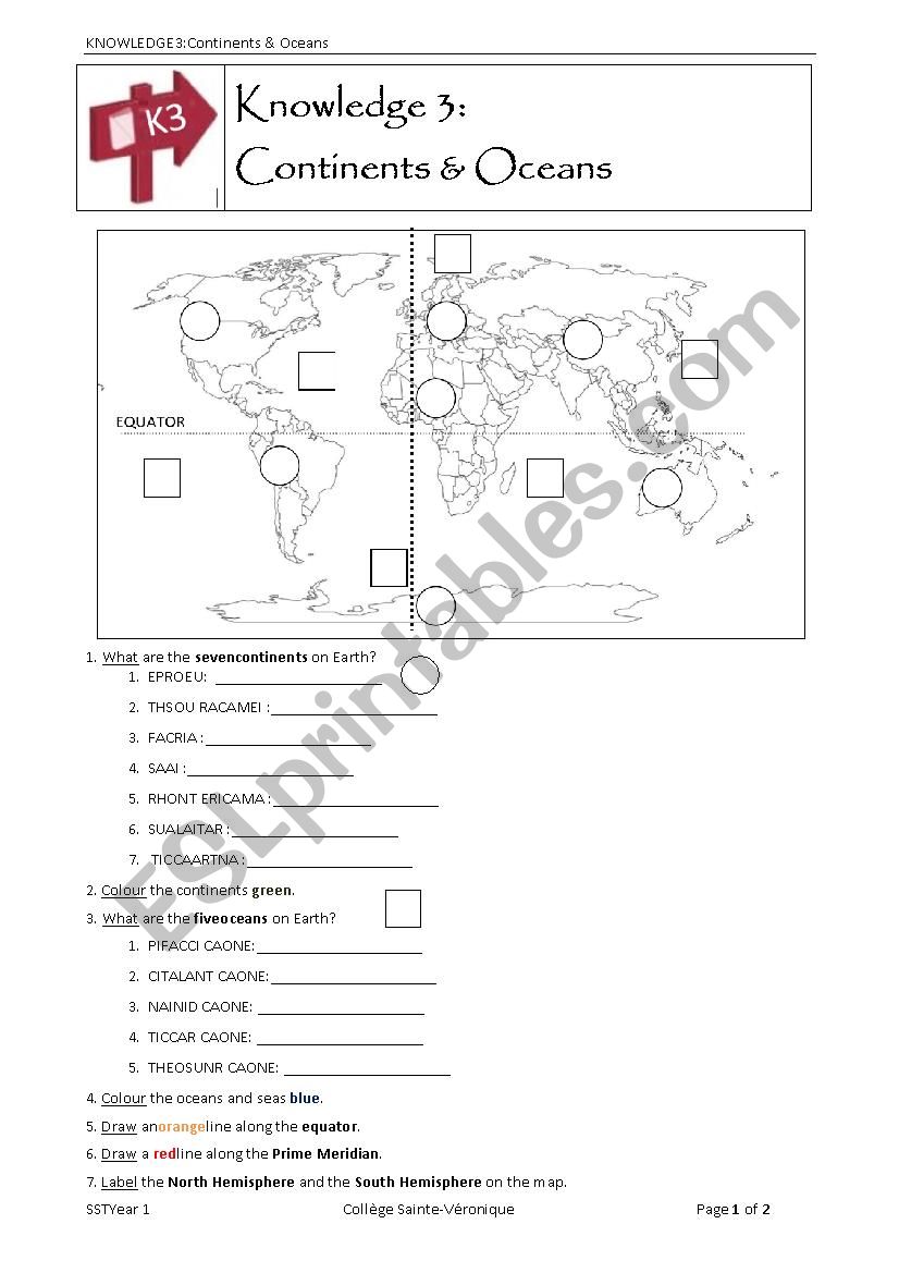 Continents and Oceans worksheet