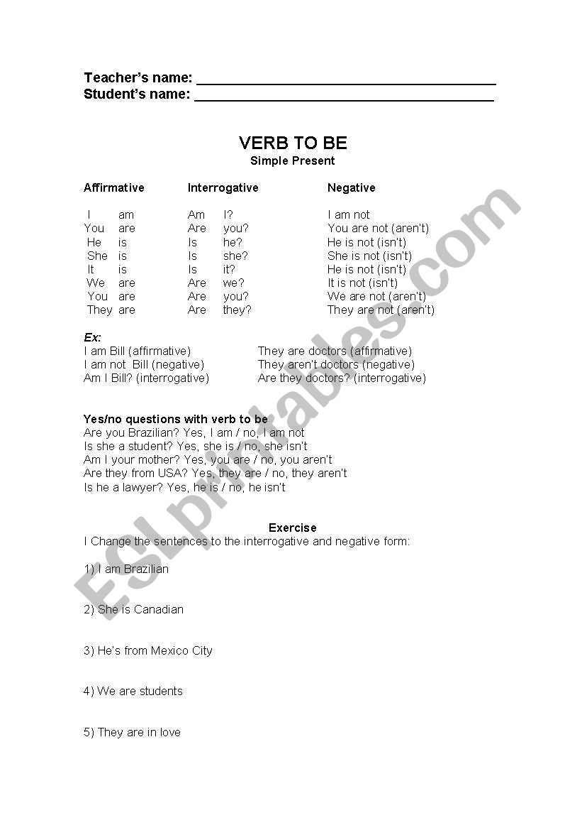 Verb to be worksheet