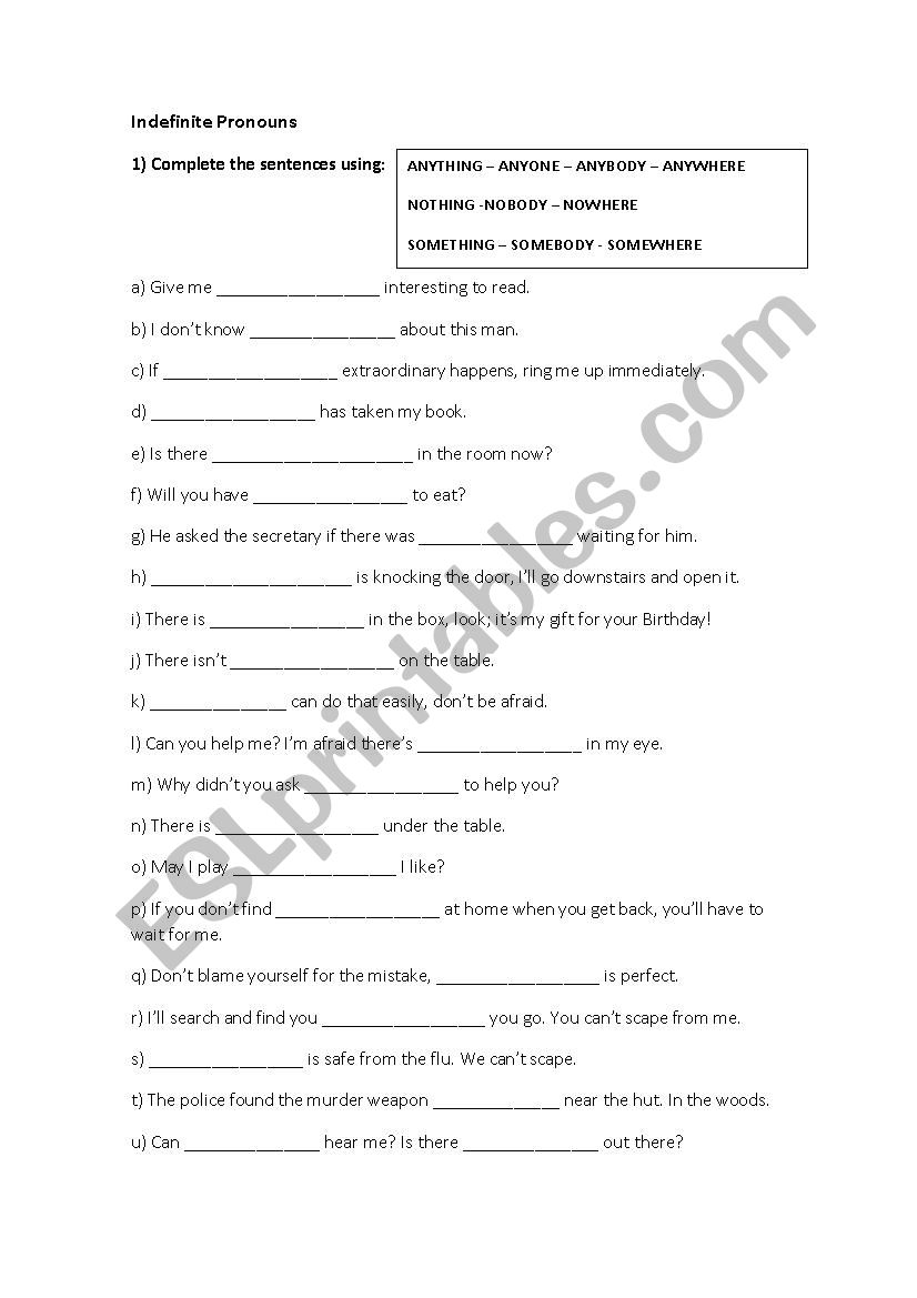 Indefinite pronouns worksheet worksheet