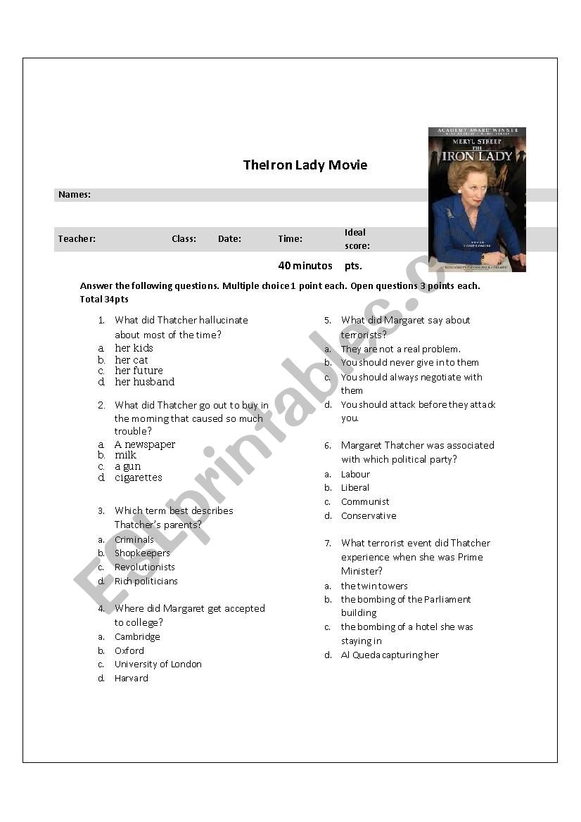 The Iron Lady worksheet