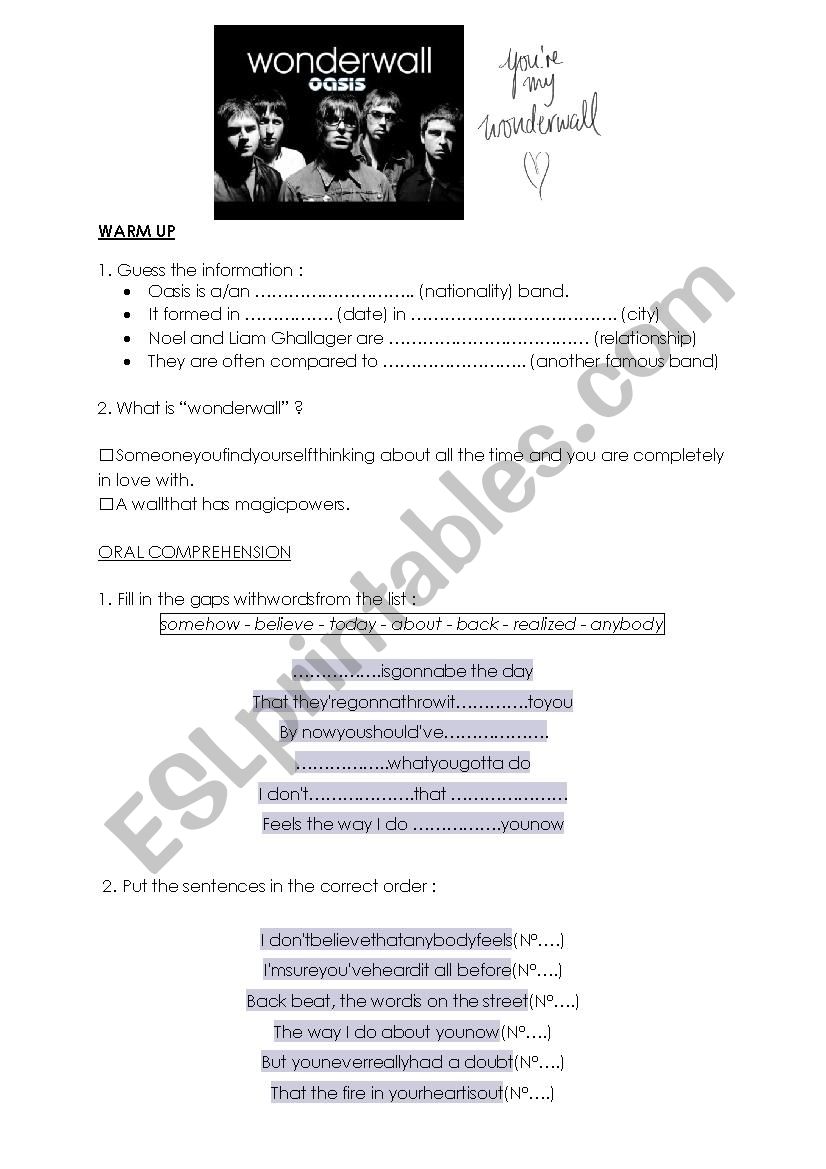 Wonderwall Oasis worksheet