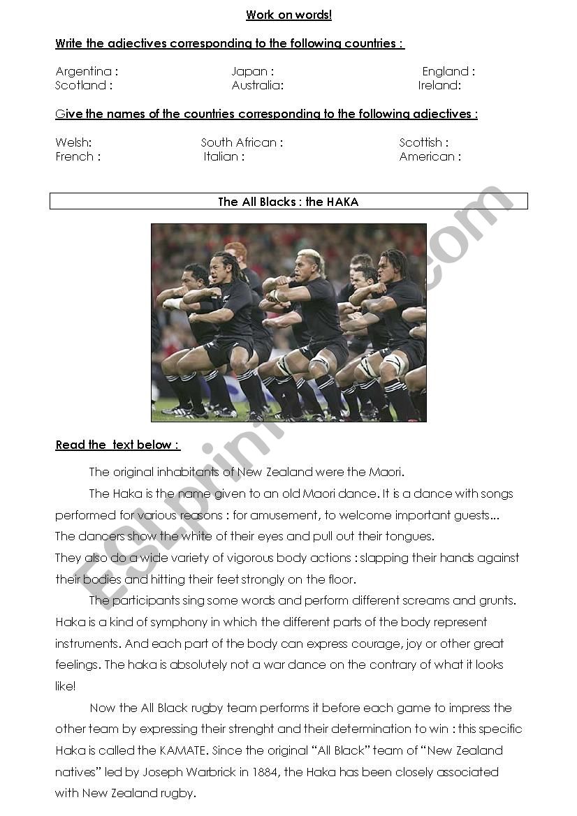 Haka All Blacks worksheet