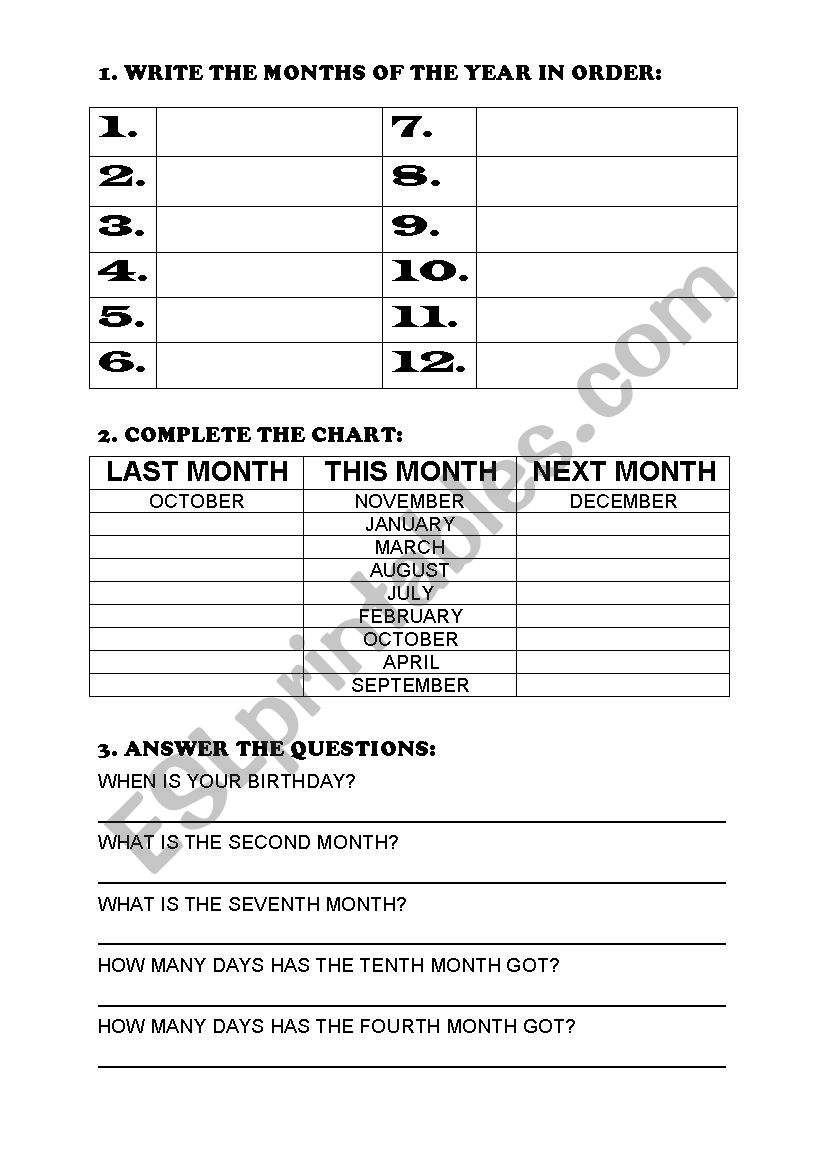 MONTHS ACTIVITIES worksheet