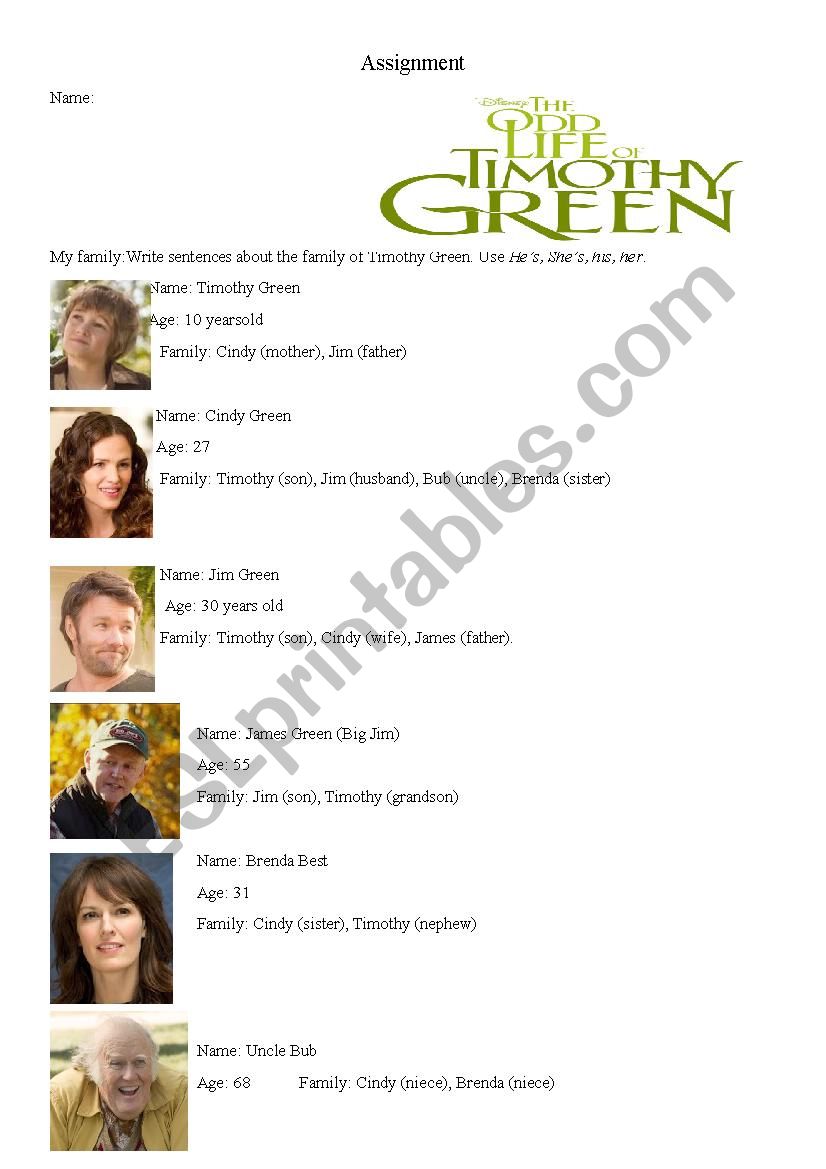 The odd life of Timothy Green worksheet