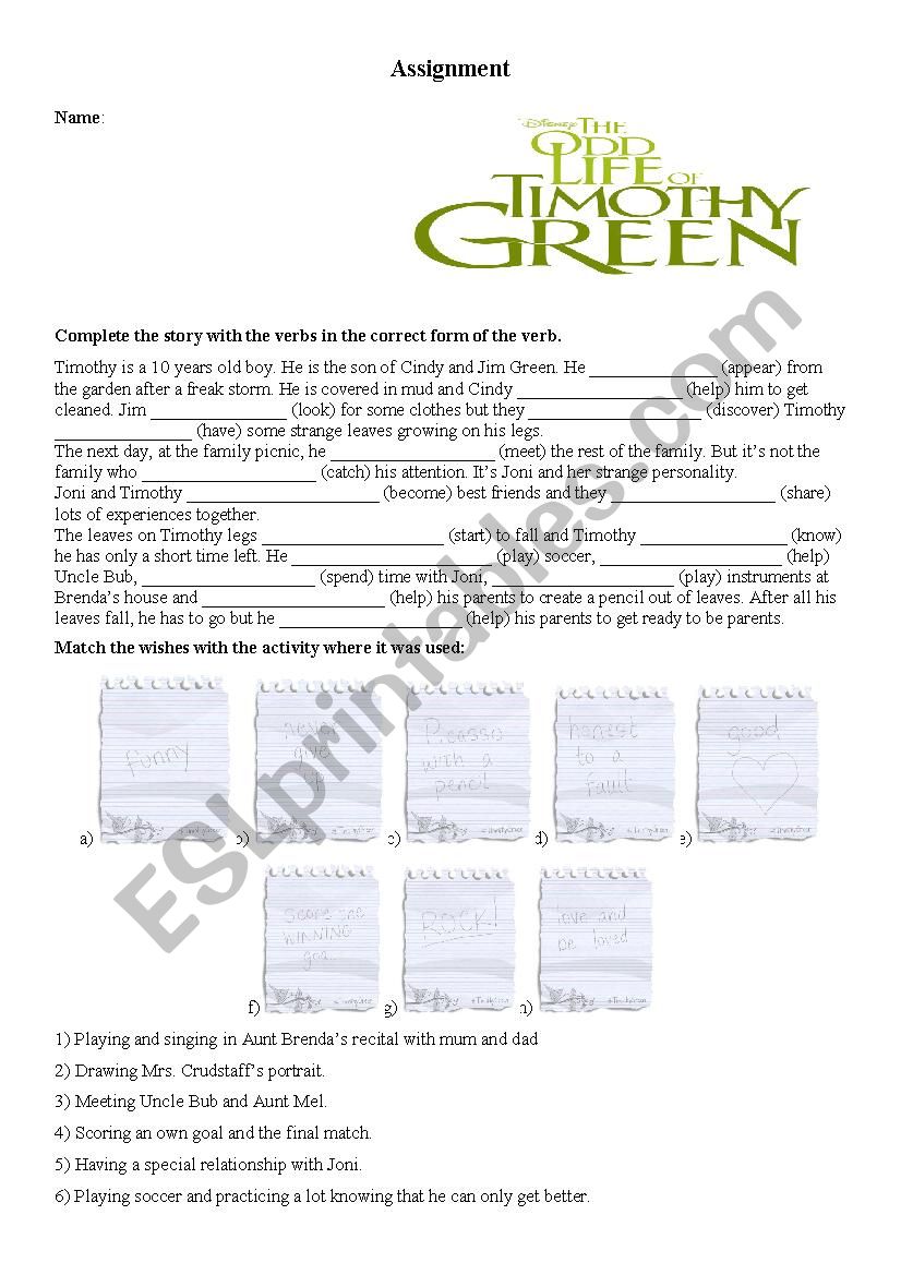 The odd life of Timothy Green worksheet