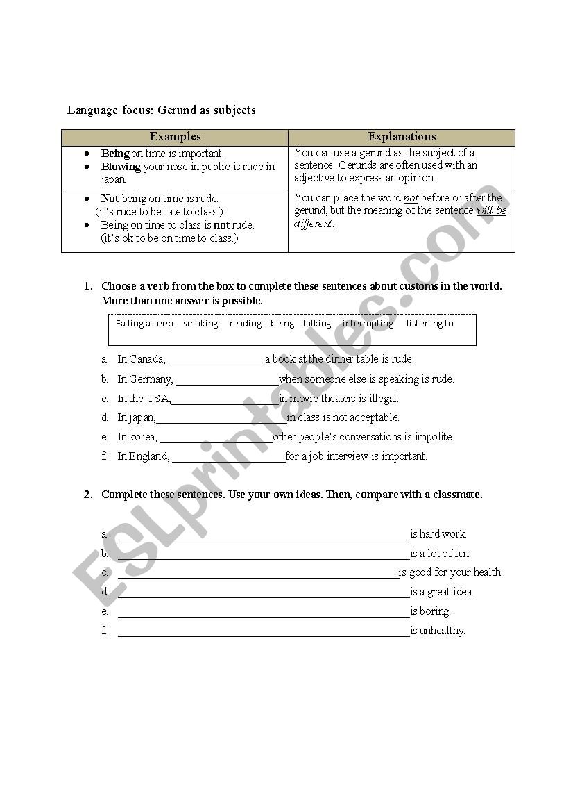 Gerunds as subjects worksheet