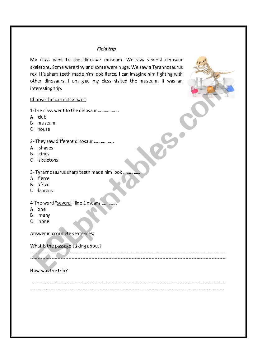 Reading Worksheet Titled (Field Trip)