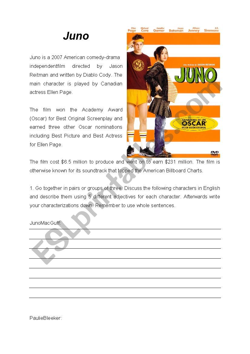Characters in Juno worksheet