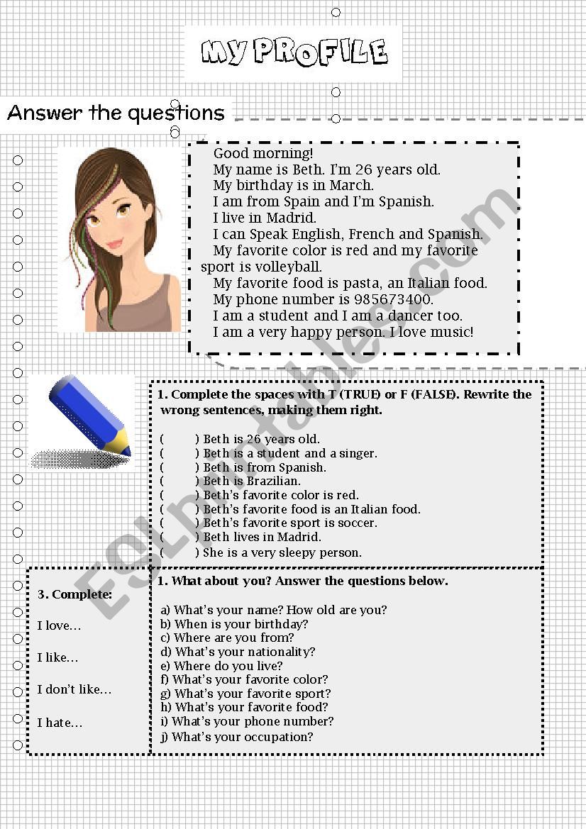 My profile - reading worksheet